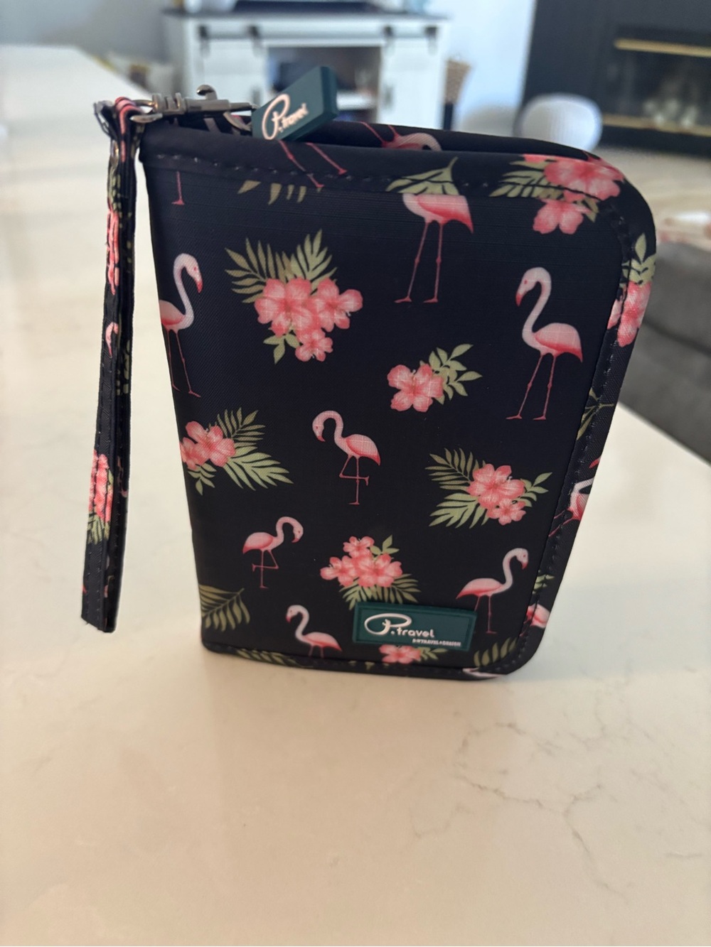 Blue Floral Flamingo Zippered Travel Passport Wallet